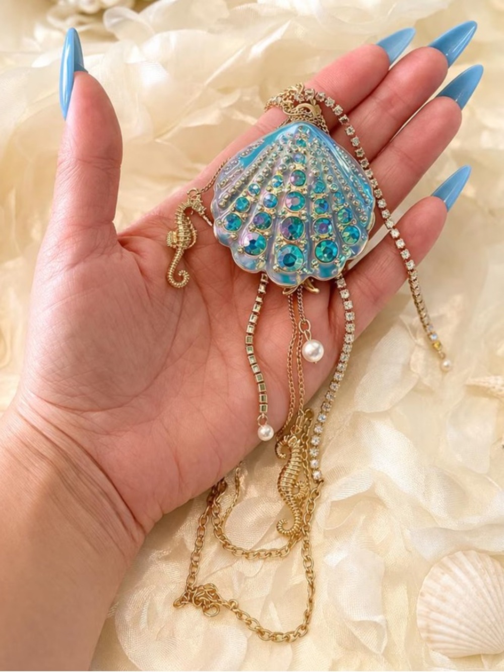 Betsey Johnson Gold-Tone Iridescent Blue Shell Charm Necklace - Picture 10 of 16